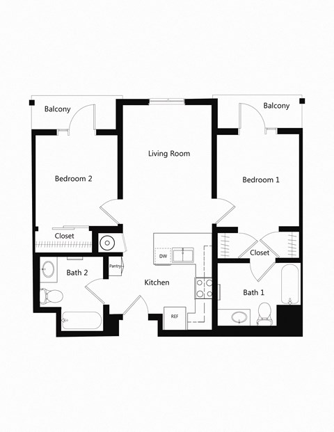 Floor plan for 2 beds, 2 baths, 820 sqft